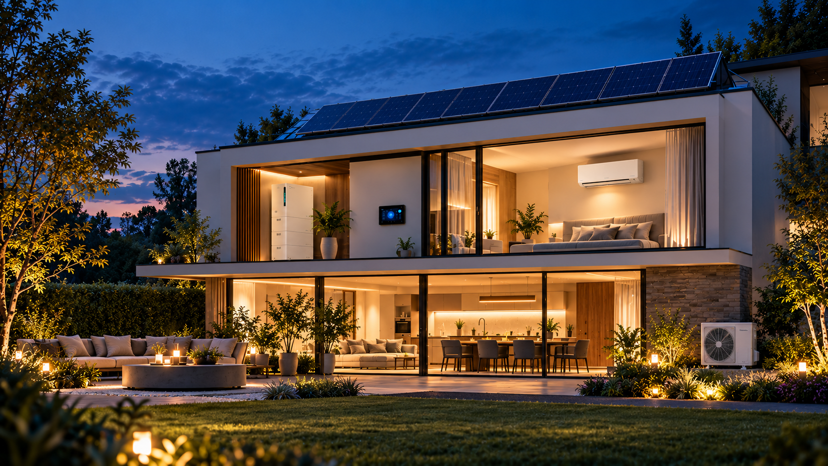 Moderne woning met zonnepanelen, ESY Sunhome thuisbatterij, slim energiebeheer en airconditioning