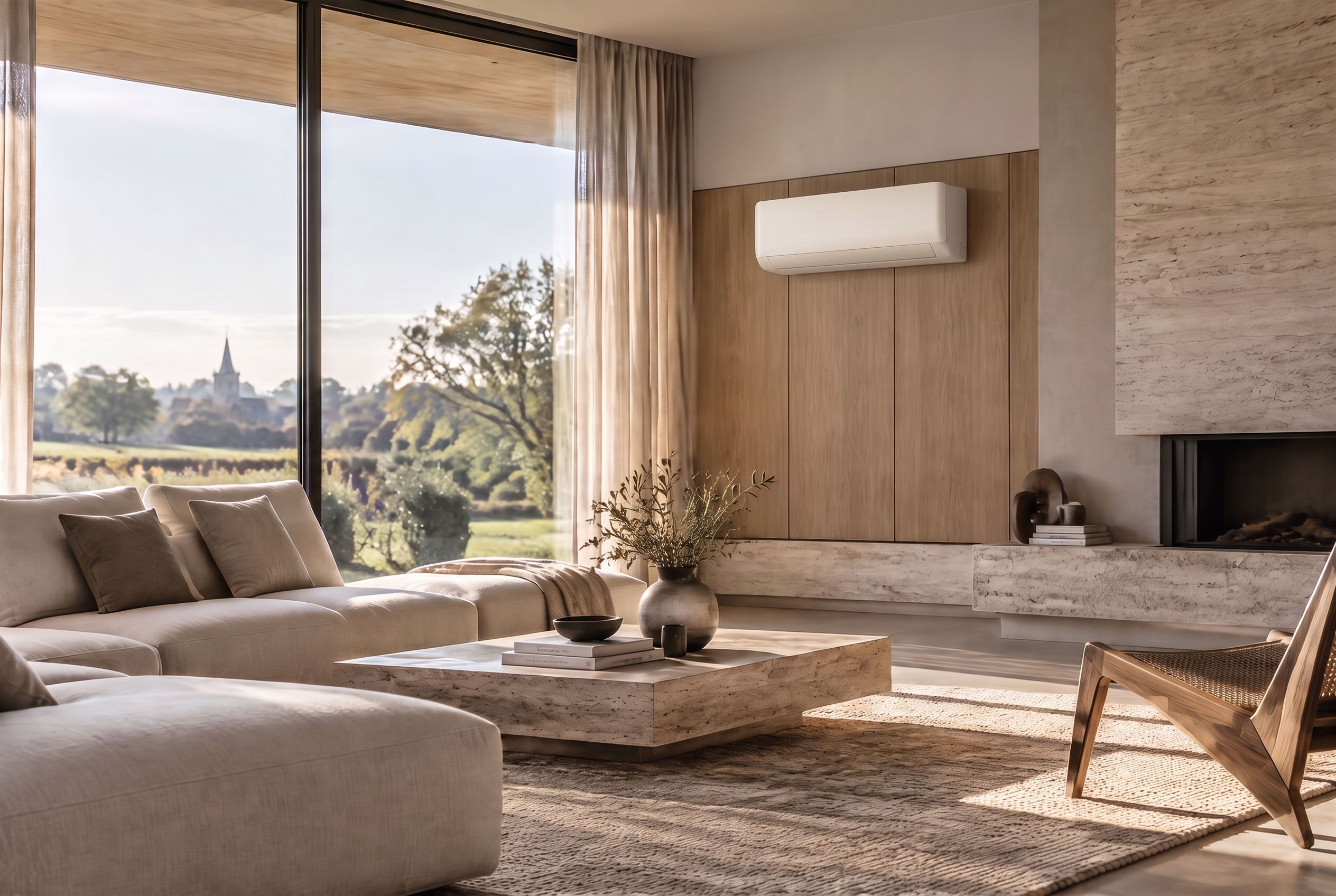 Lichte woonkamer met een slanke witte airco hoog aan de wand